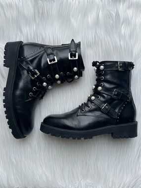 Zara Leather Black Pearl Studded Combat Boots